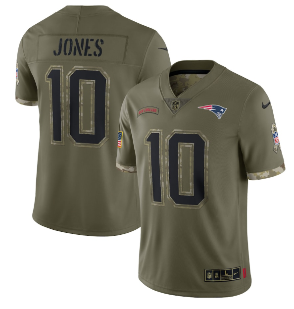 Men's New England Patriots #10 Mac Jones Olive 2022 Salute To Service Limited Stitched Jersey Men's New England Patriots #10 Mac Jones Olive 2022 Salute To Service Limited Stitched Jersey